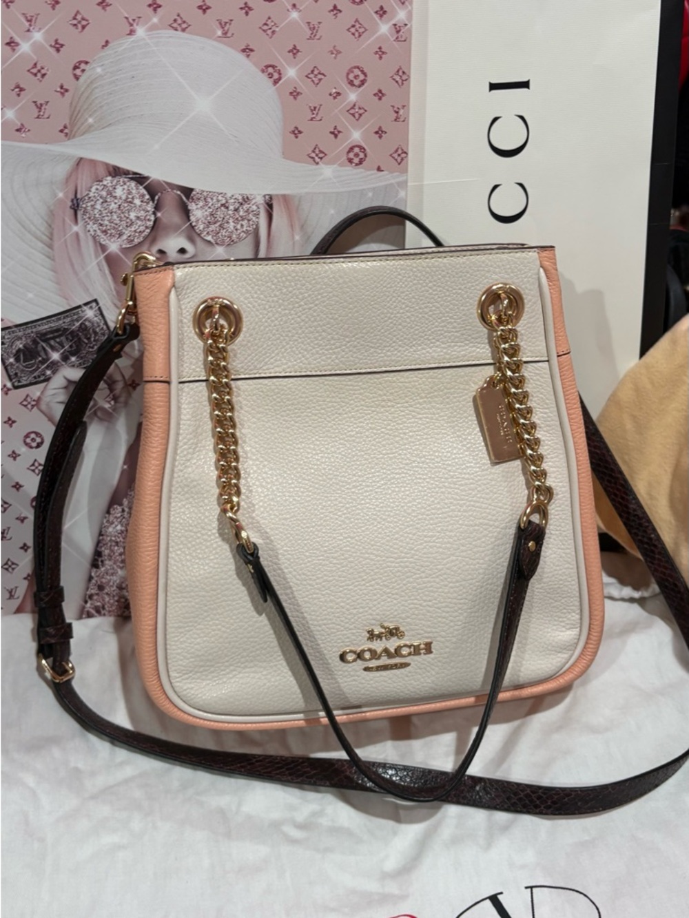 Coach Chalk and Pink Pebbled Leather Crossbody with Gold Chain Accents - Picture 8 of 9